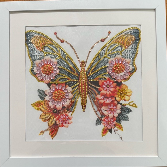 Colorful Butterfly and Floral Art in White Frame, 12”*12”